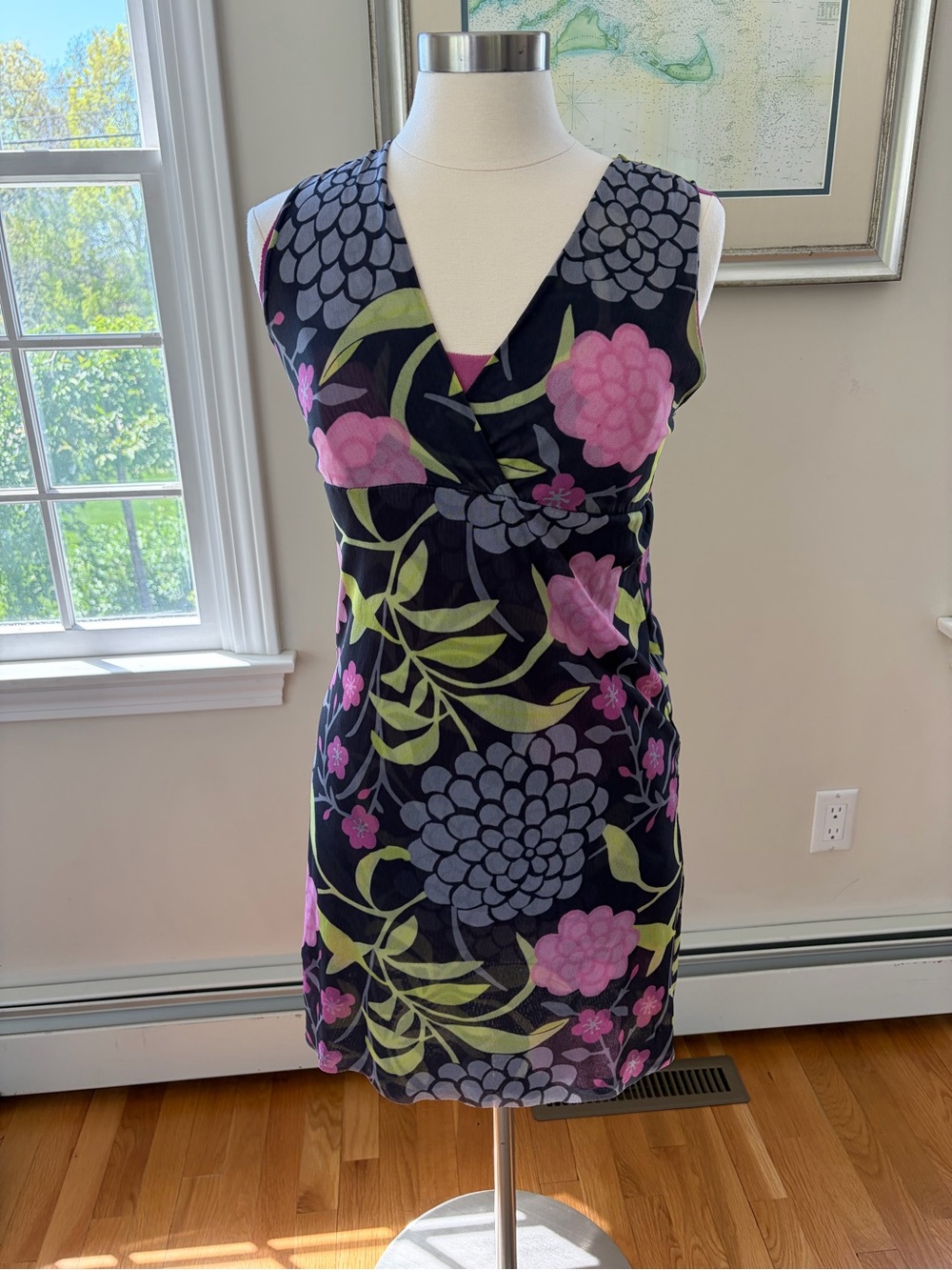 Sweet Pea Black Floral V-Neck Sleeveless Mini Dress with Pink & Green Accents